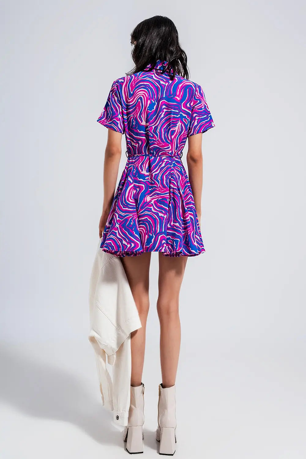 Printed mini dress with tie waist in purple - Dresses