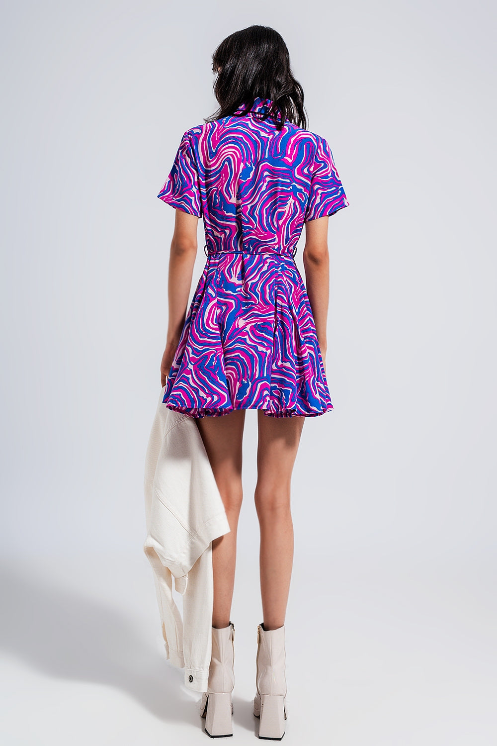 Printed mini dress with tie waist in purple