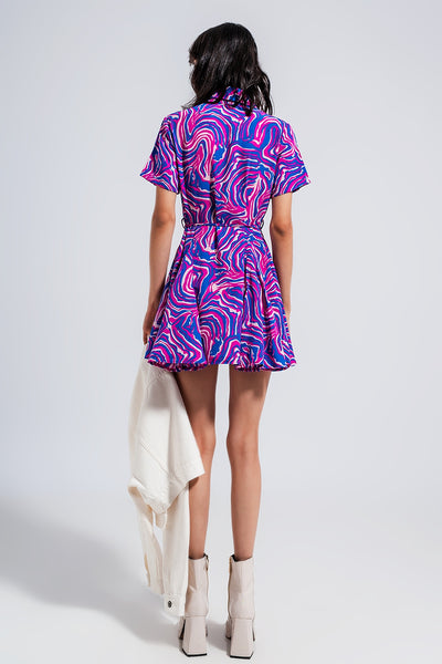 Printed mini dress with tie waist in purple