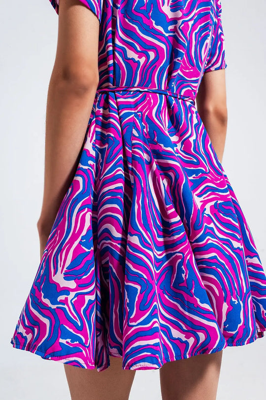 Printed mini dress with tie waist in purple - Dresses