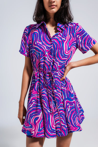 Printed mini dress with tie waist in purple