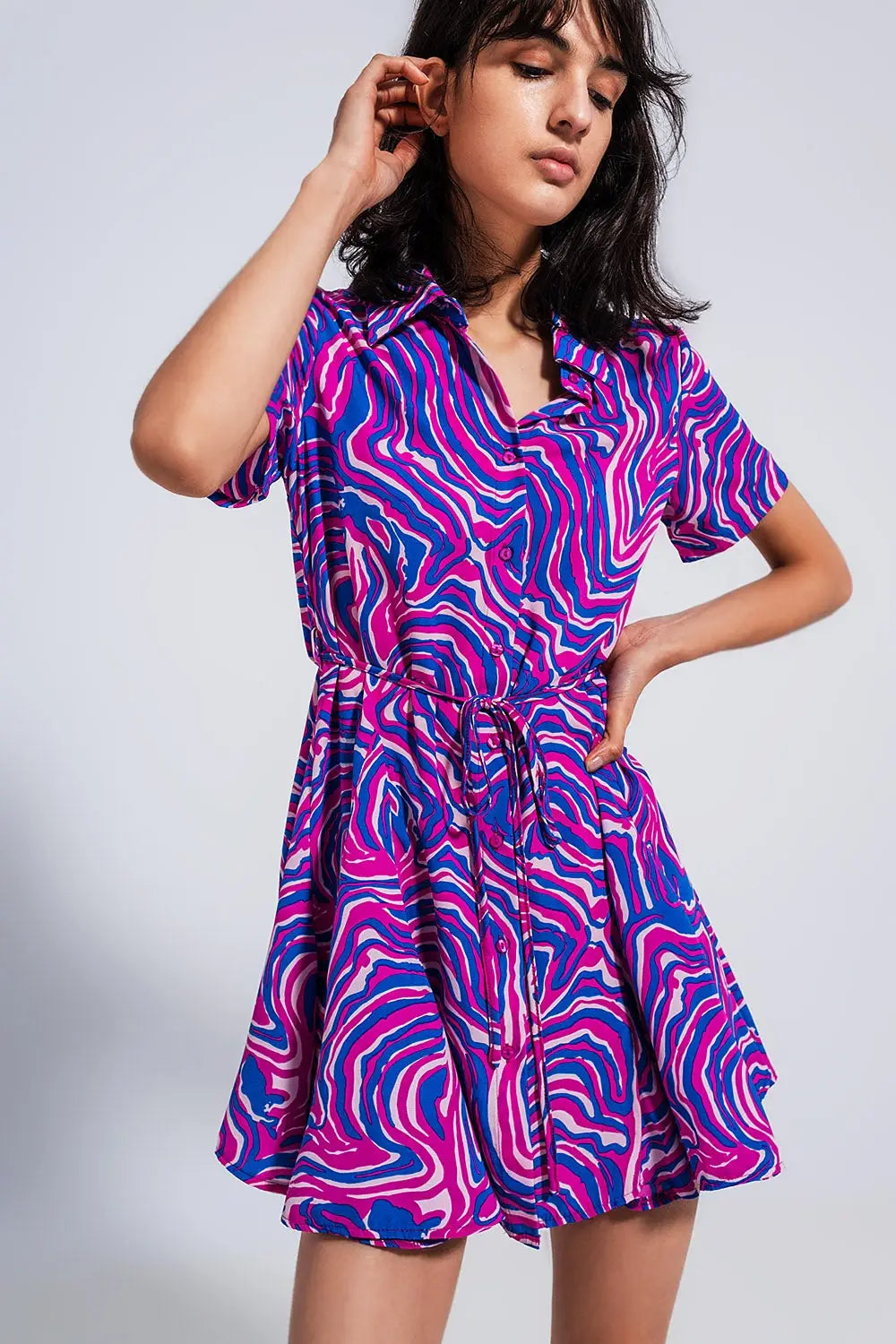 Printed mini dress with tie waist in purple - Dresses