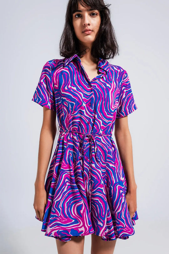 Printed mini dress with tie waist in purple - Dresses