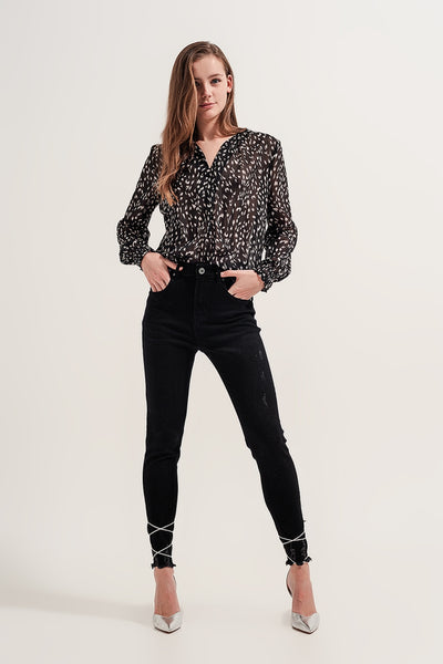 Printed sheer long sleeve blouse