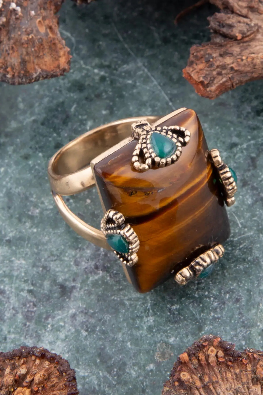 Prismatic Brown Tiger’s Eye Statement Golden Ring - Rings