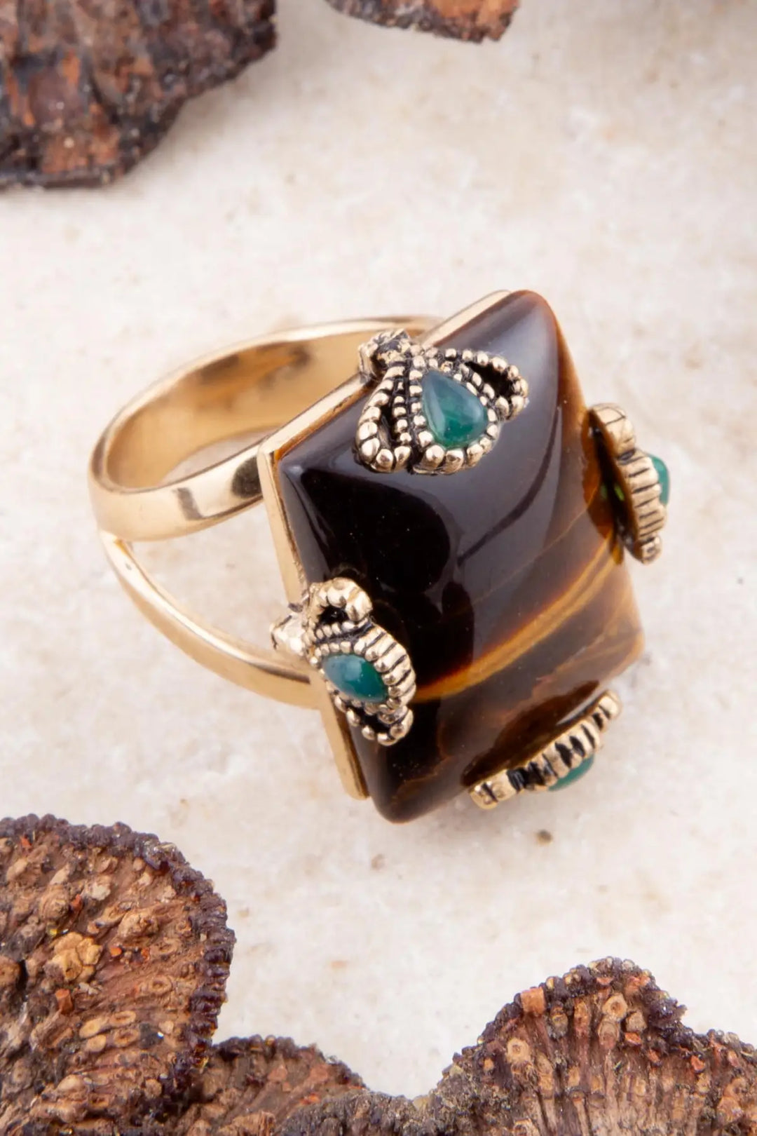 Prismatic Brown Tiger’s Eye Statement Golden Ring - Rings