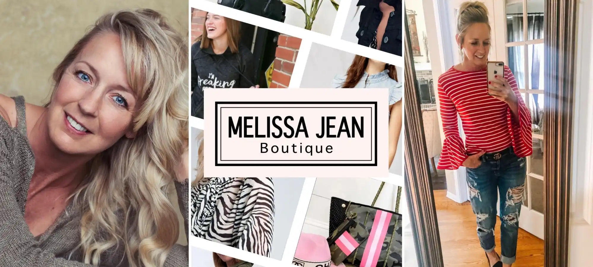 A promotional image for a clothing boutique featuring a woman, various clothing items, and the brand name ’MELISSA JEAN Boutique.’