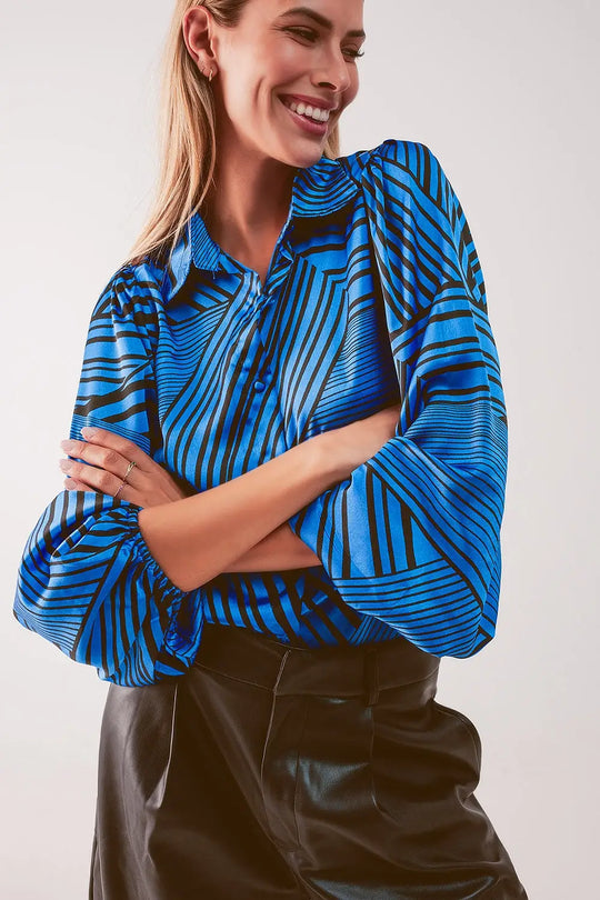 Puff sleeve printed blouse in blue - Shirts