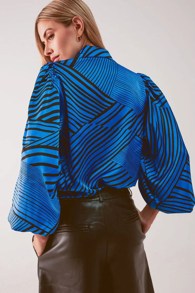 Puff sleeve printed blouse in blue - Shirts