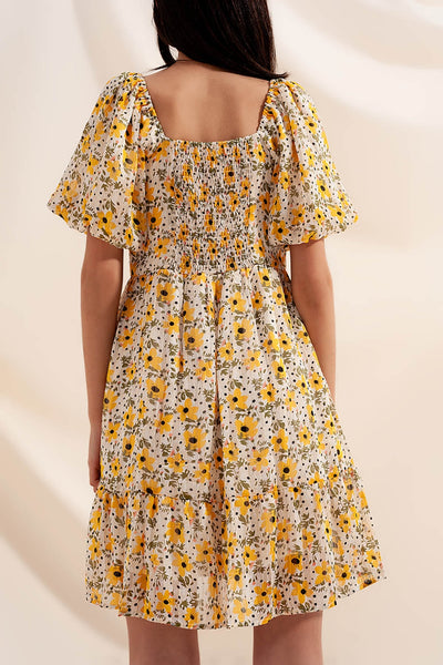 Puff sleeve smock dress in yellow