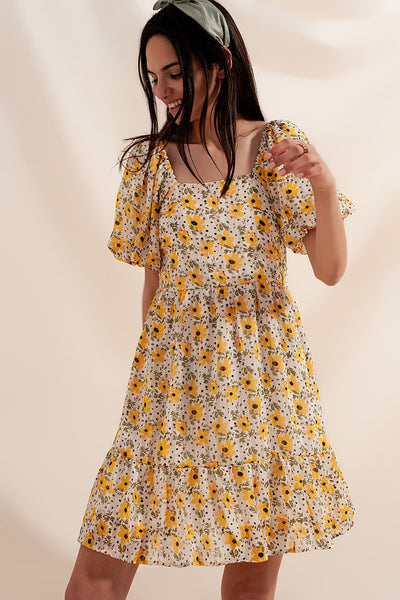 Puff sleeve smock dress in yellow