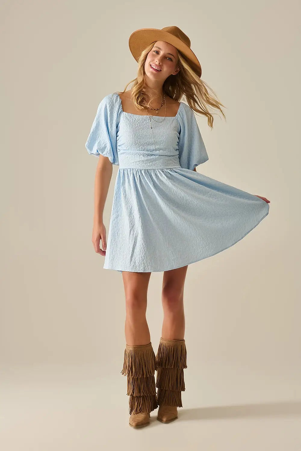 Q2 Puff Sleeve Textured Mini Dress in Light Blue
