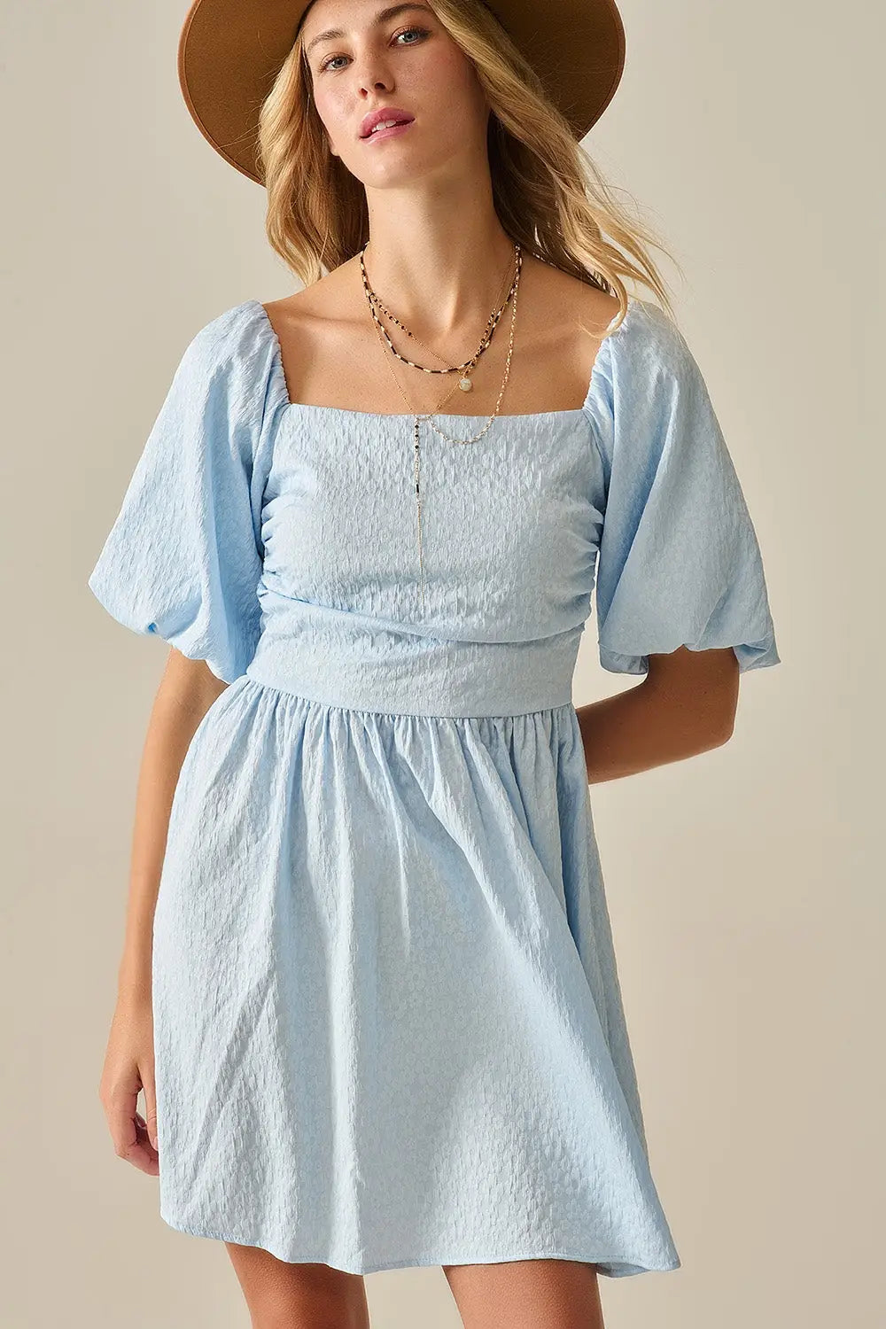 Puff Sleeve Textured Mini Dress in Light Blue - Dresses