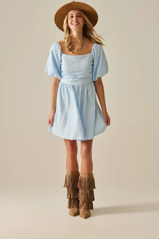 Puff Sleeve Textured Mini Dress in Light Blue - Dresses