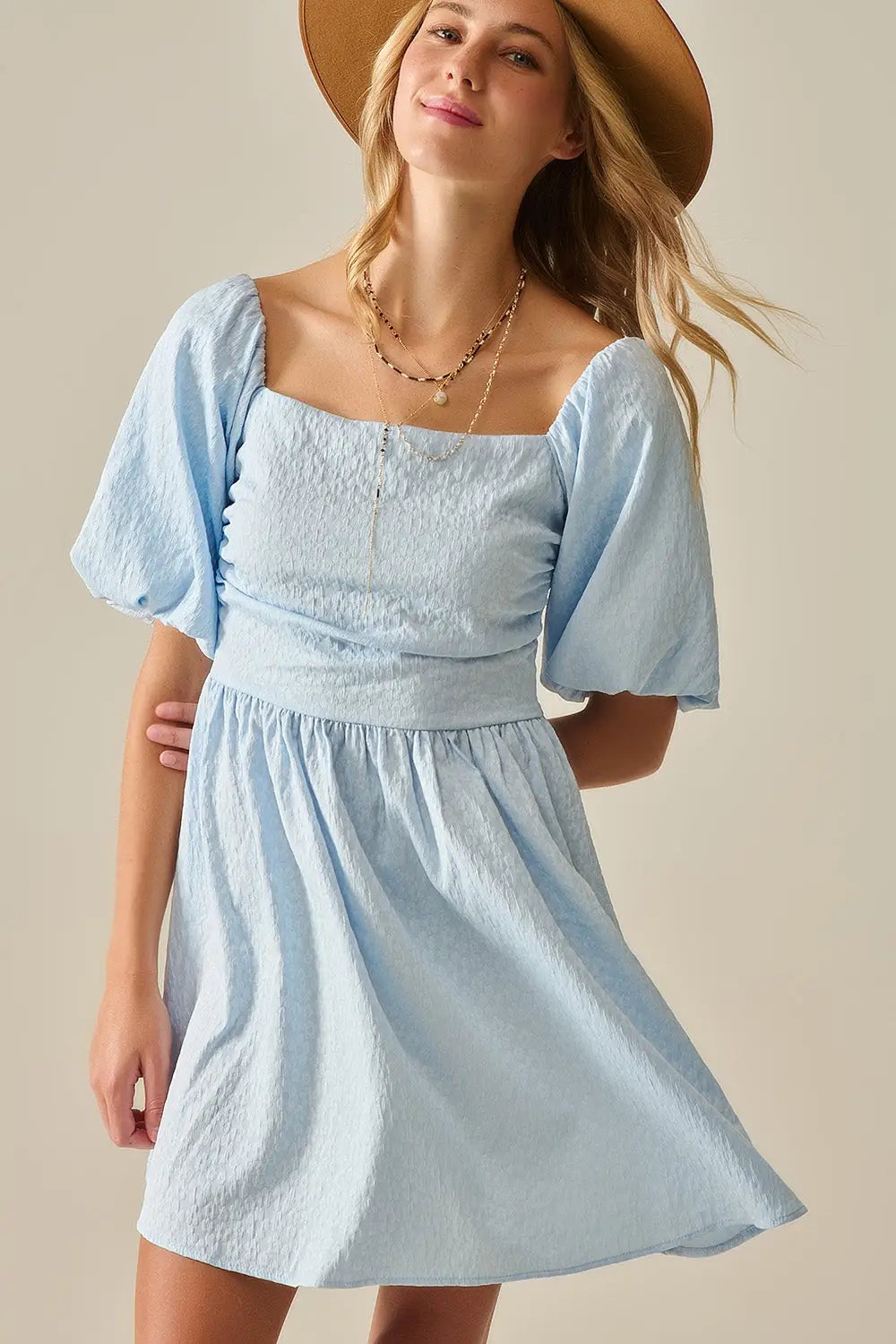 Puff Sleeve Textured Mini Dress in Light Blue - Dresses