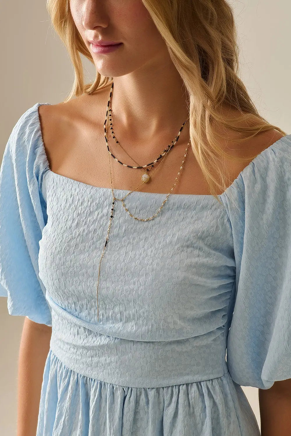 Puff Sleeve Textured Mini Dress in Light Blue - Dresses