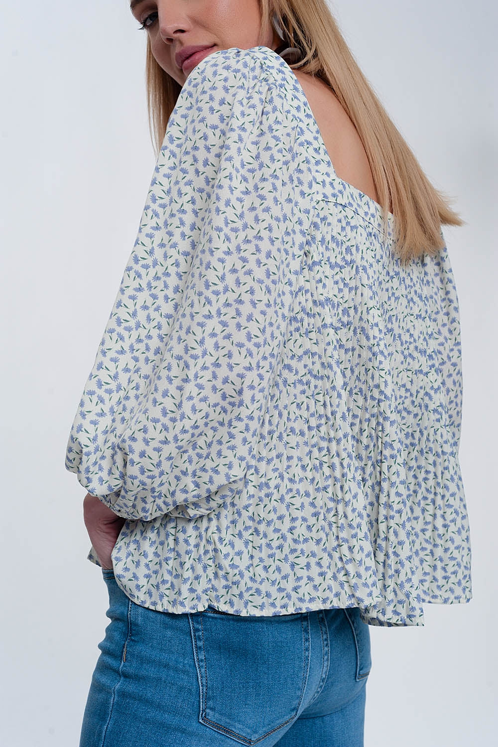 puff sleeve top with square neck in blue floral print