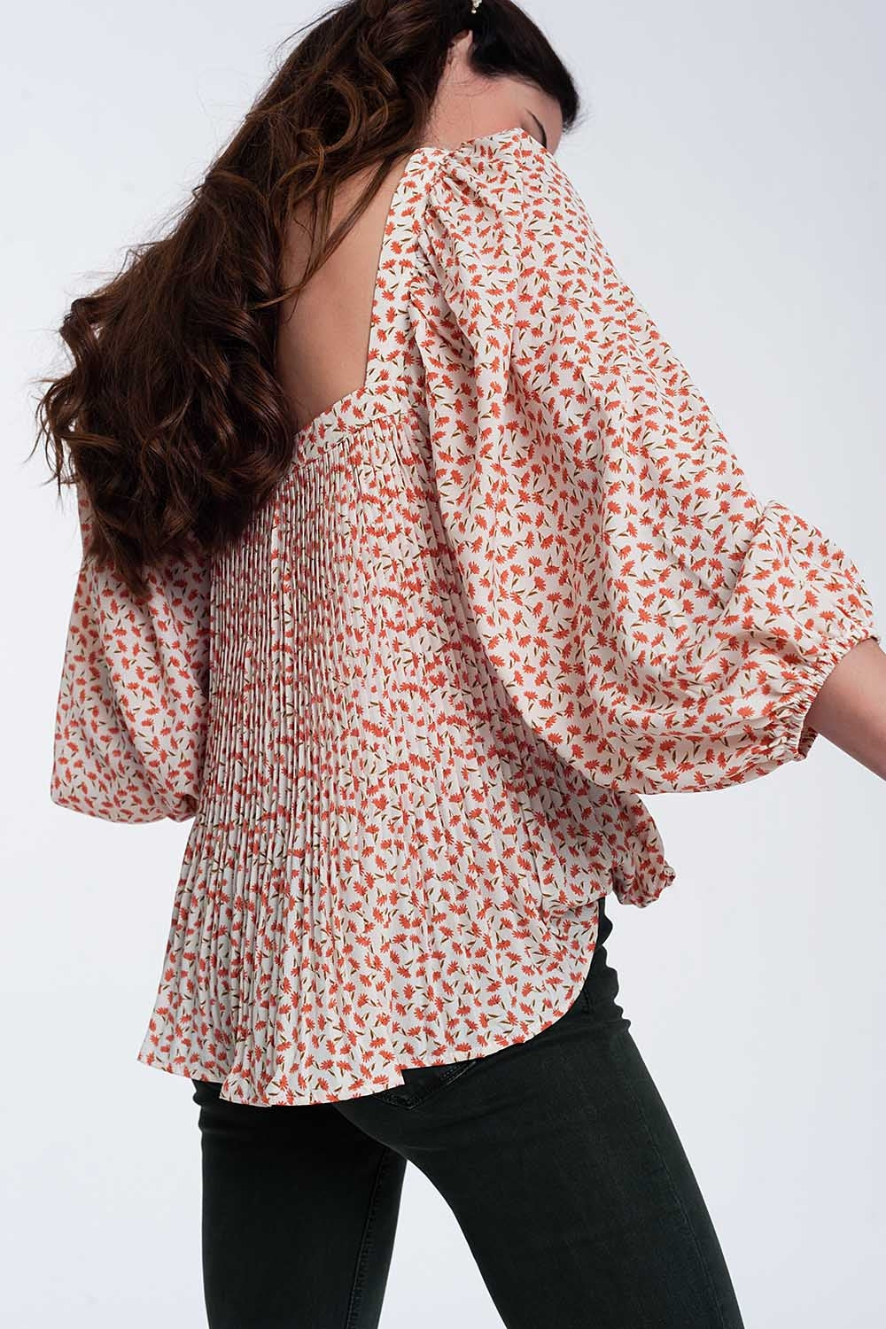 puff sleeve top with square neck in coral floral print