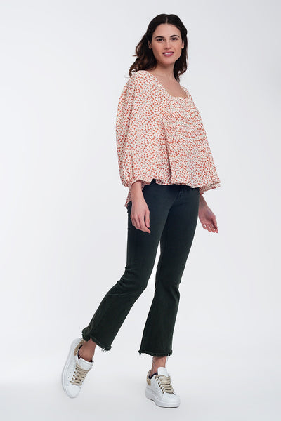 puff sleeve top with square neck in coral floral print