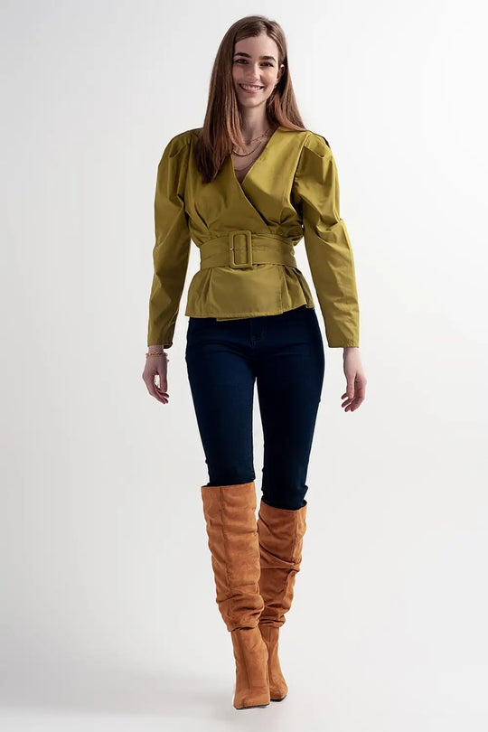 Puff sleeve wrap front top with belt detail in green - Shirts
