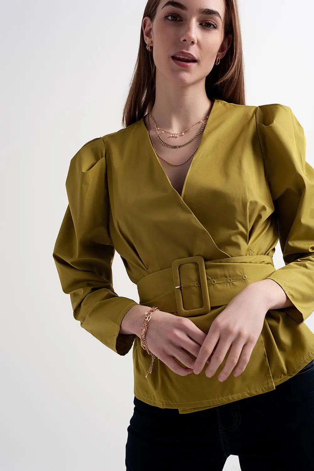 Puff sleeve wrap front top with belt detail in green - Shirts