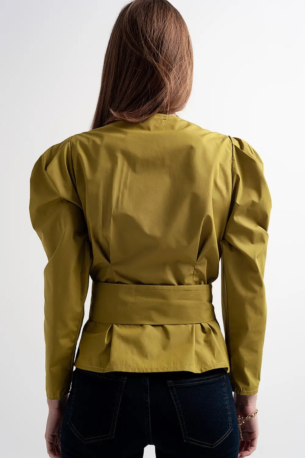 Puff sleeve wrap front top with belt detail in green - Shirts