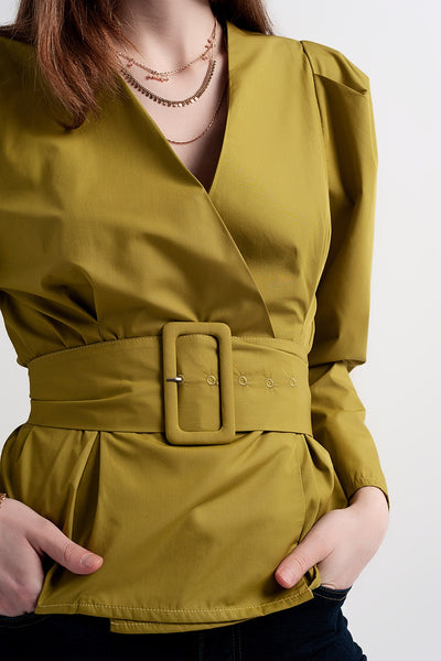 Puff sleeve wrap front top with belt detail in green