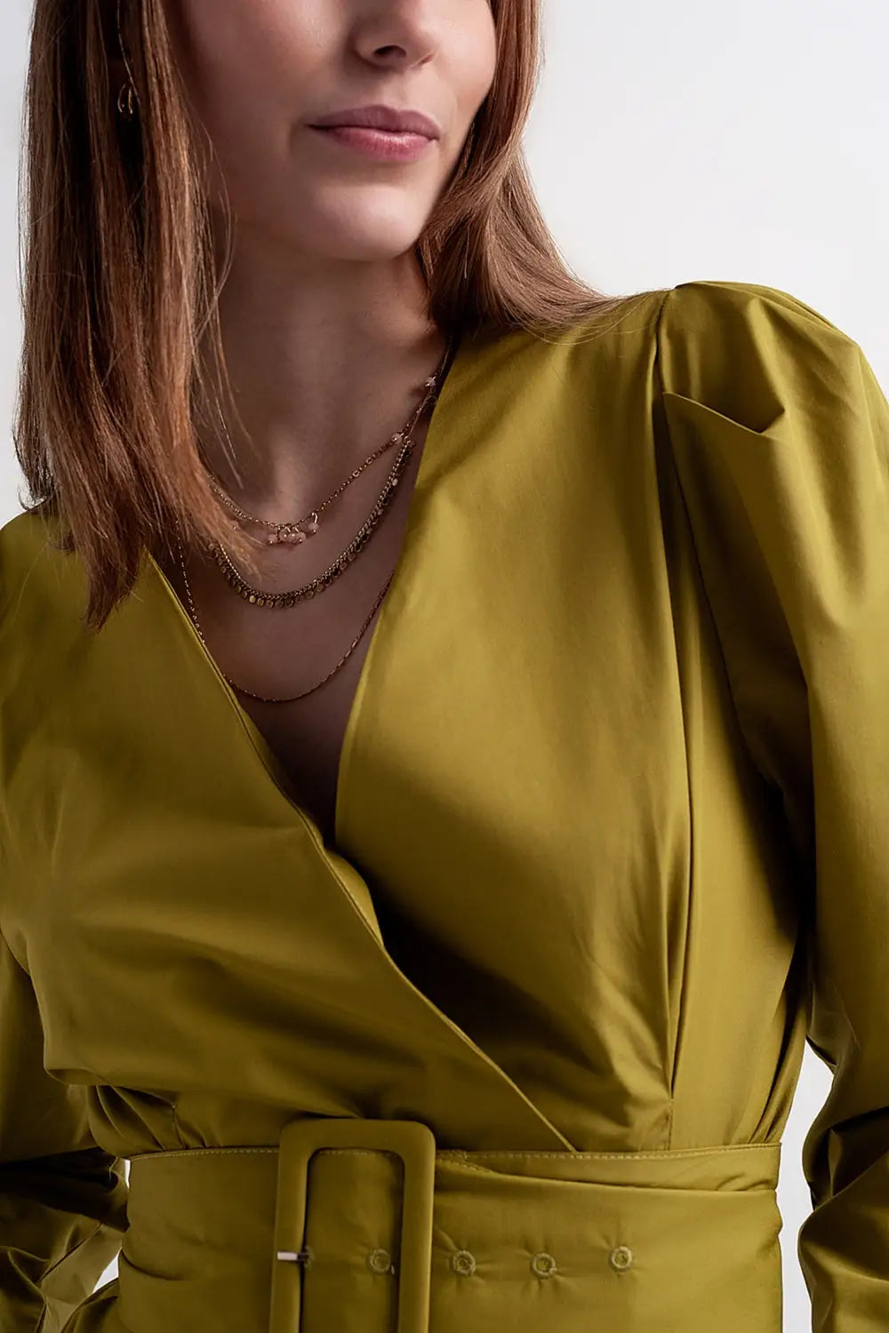 Puff sleeve wrap front top with belt detail in green - Shirts