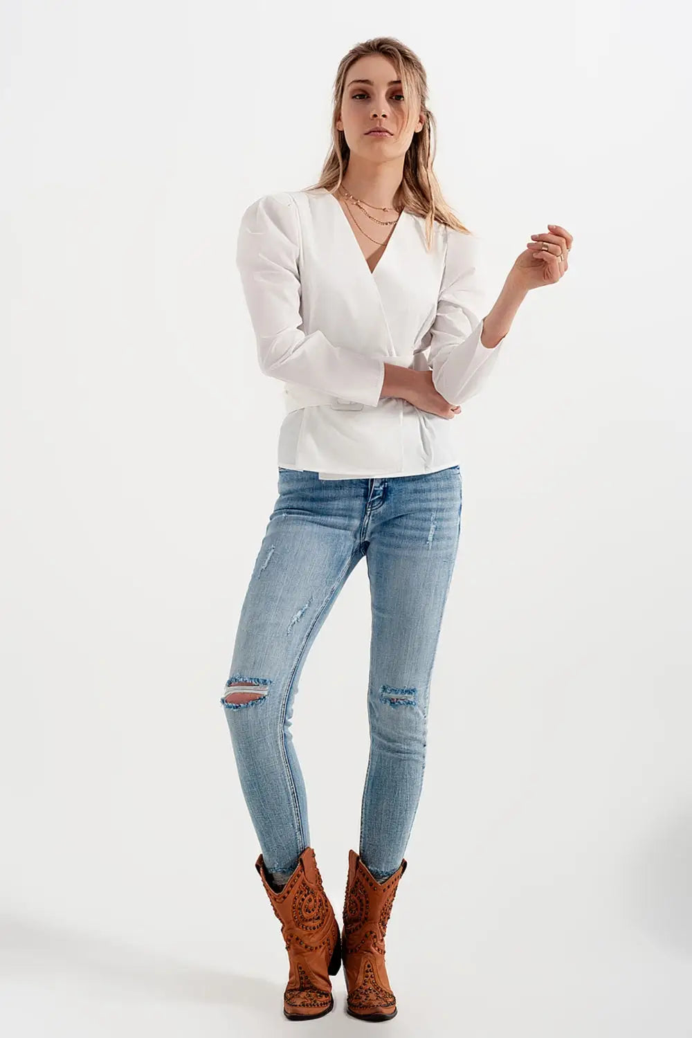 Puff sleeve wrap front top with belt detail in white - Shirts