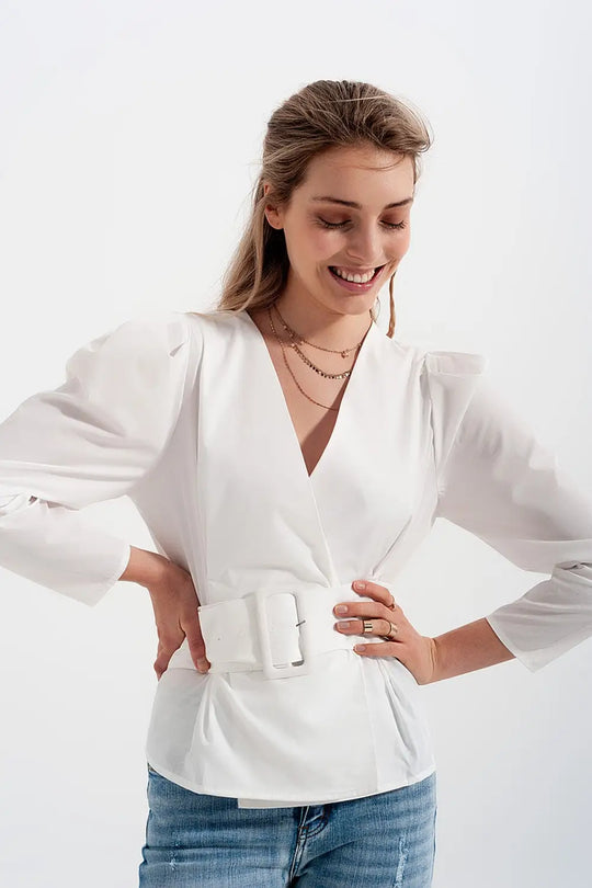 Puff sleeve wrap front top with belt detail in white - Shirts