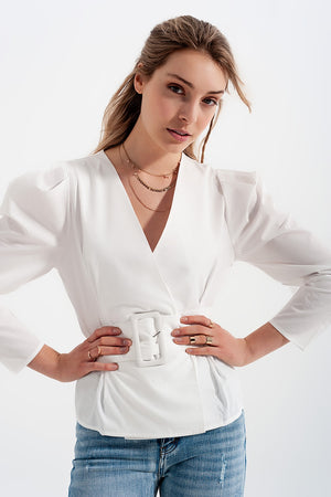 Q2 Puff sleeve wrap front top with belt detail in white