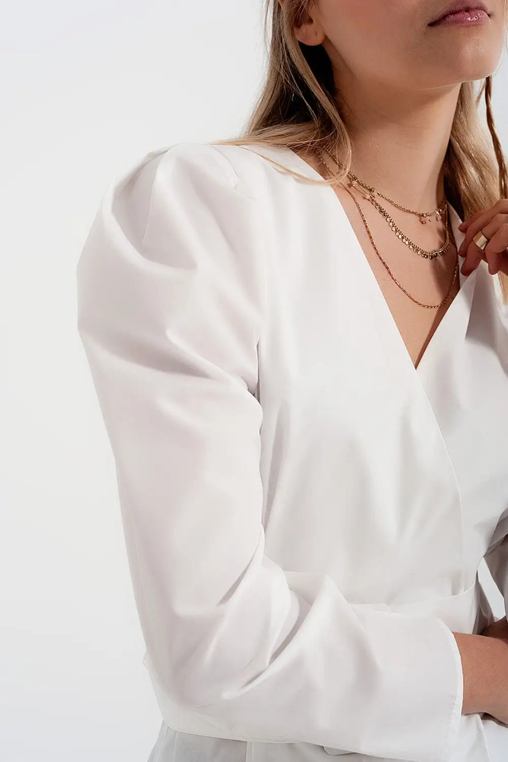 Puff sleeve wrap front top with belt detail in white - Shirts