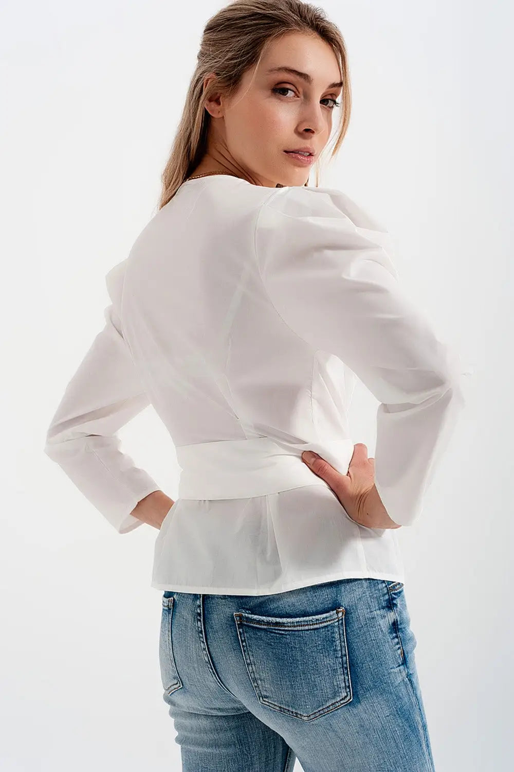 Puff sleeve wrap front top with belt detail in white - Shirts