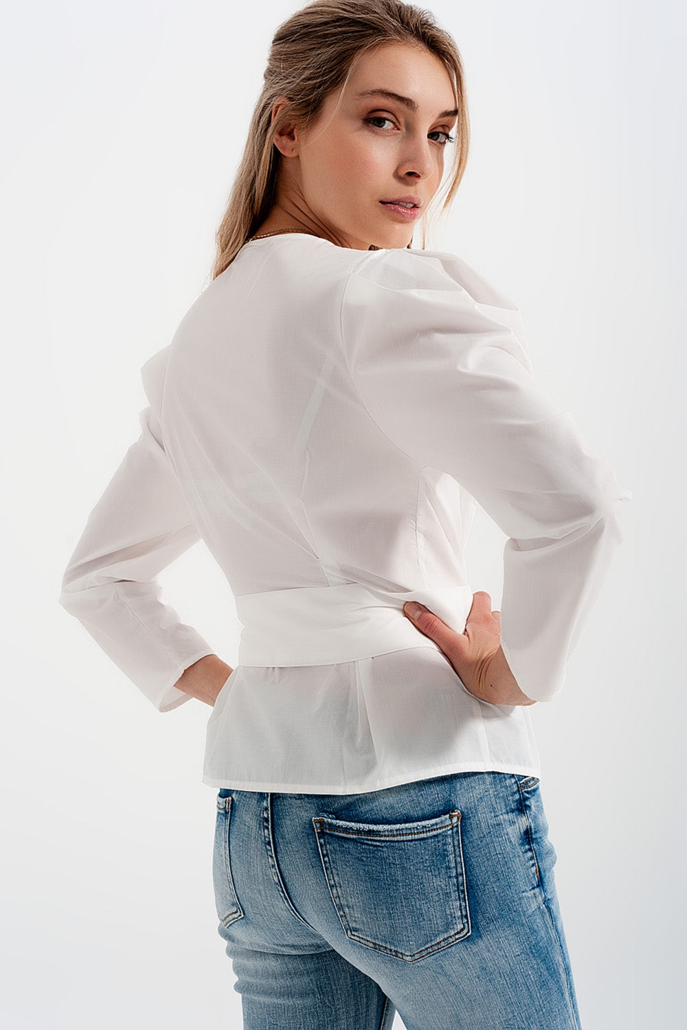 Puff sleeve wrap front top with belt detail in white