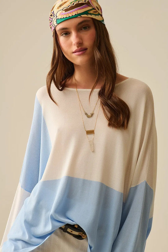 Pull à ailes de chauve-souris coloré en blanc et bleu - One Size / bleu - Pulls