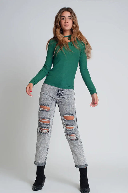 Pull à col asymétrique en vert - Pulls