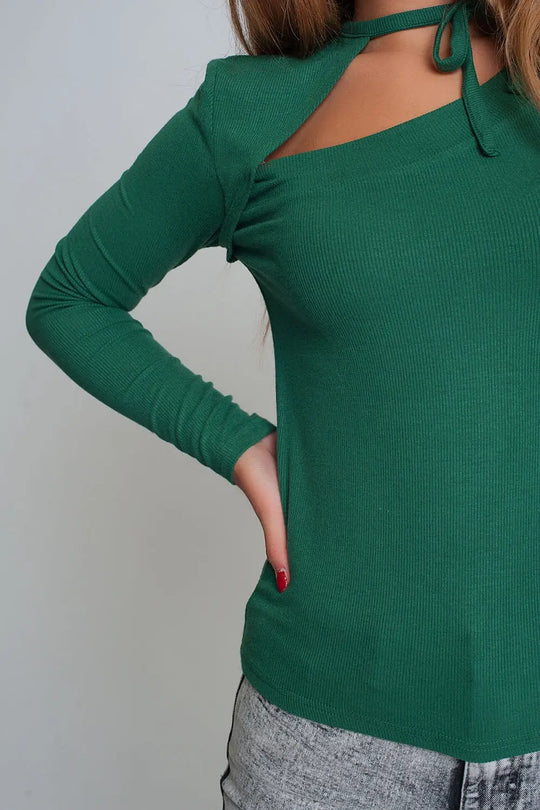 Pull à col asymétrique en vert - Pulls