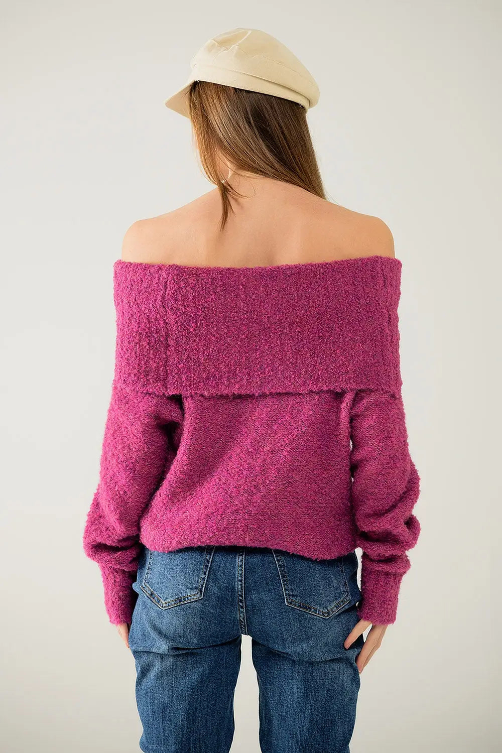 Pull à col bateau en maille duveteuse fucsia - One Size / fuchsia - Pulls