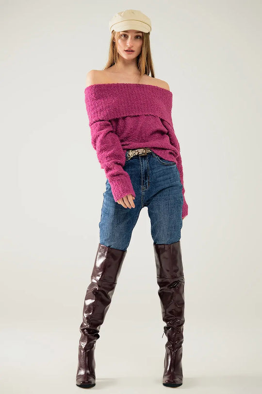 Pull à col bateau en maille duveteuse fucsia - One Size / fuchsia - Pulls