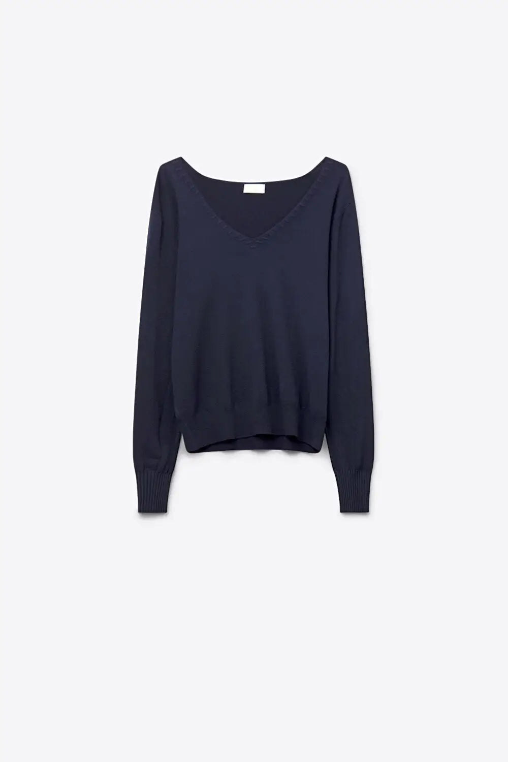 Q2 Pull à col en V en maille fine avec encolure décorative en couleur marine