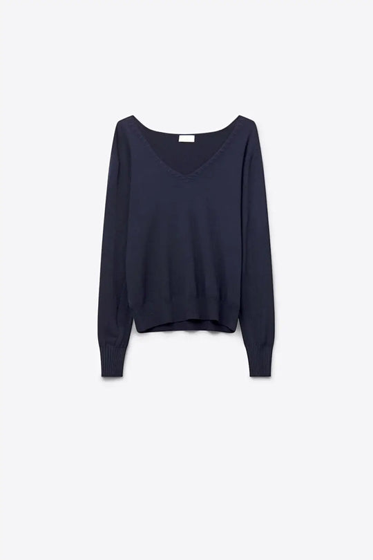 Q2 Pull à col en V en maille fine avec encolure décorative en couleur marine