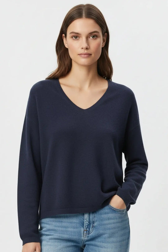Pull à col en V en maille fine marine avec texture linéaire subtile - One Size / bleu