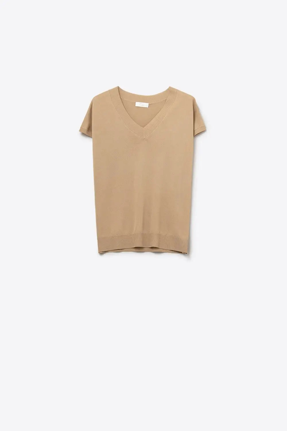 Q2 Pull à col en V en tricot léger camel à manches courtes