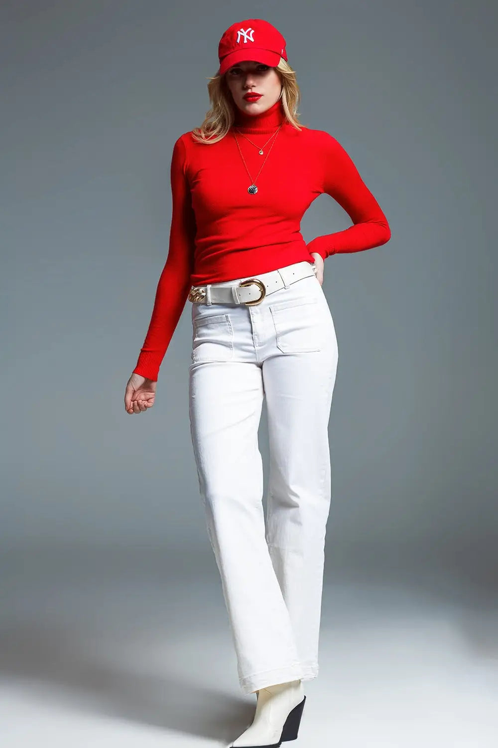 Pull à col montant en maille fine rouge - Pulls