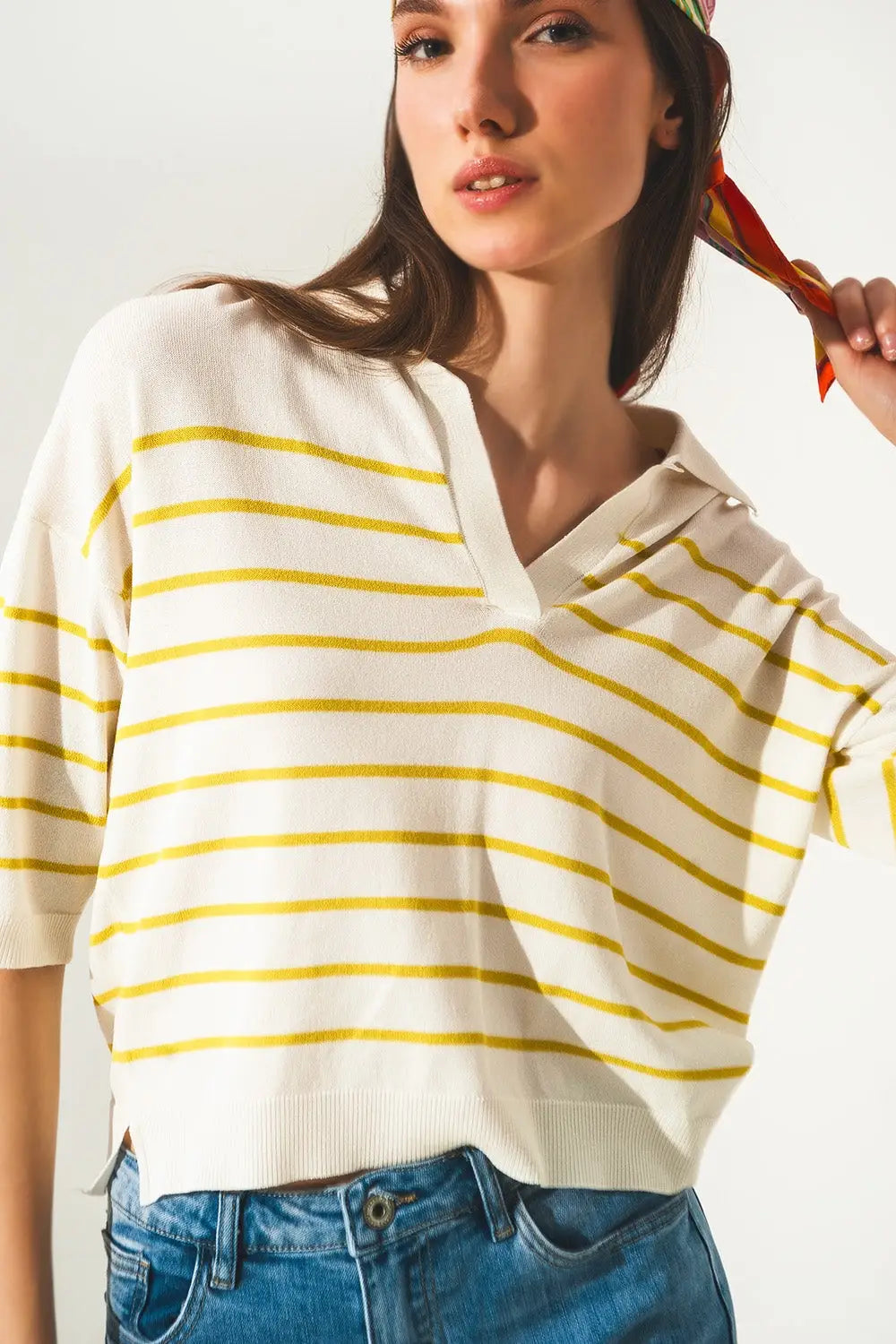 Pull à col polo vert à rayures des années 70 - Pulls