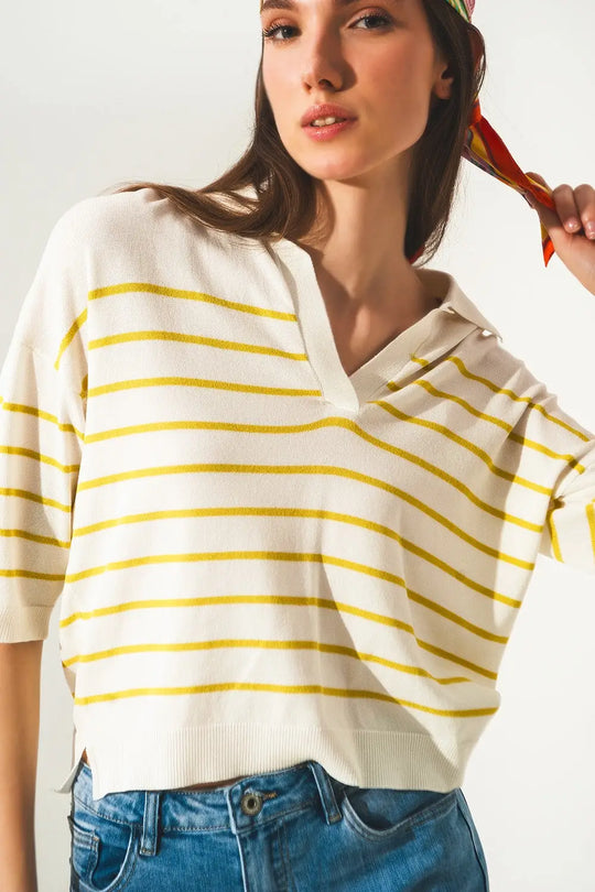 Pull à col polo vert à rayures des années 70 - Pulls