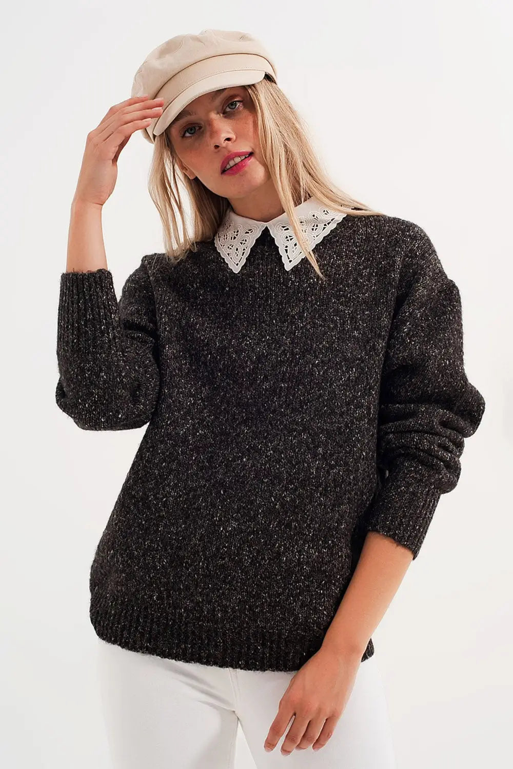 Pull à col ras du cou chiné de couleur noir - Pulls