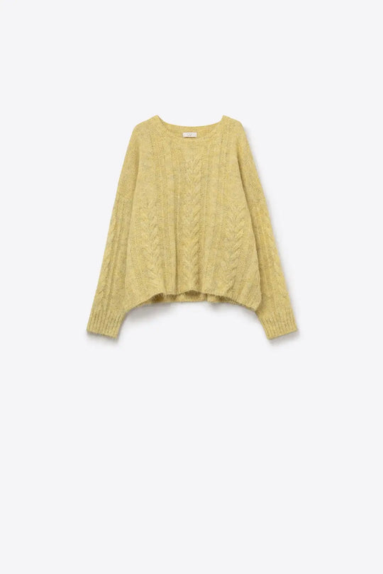 Pull à col ras du cou en maille fine câblée jaune - One Size / jaune - Pulls