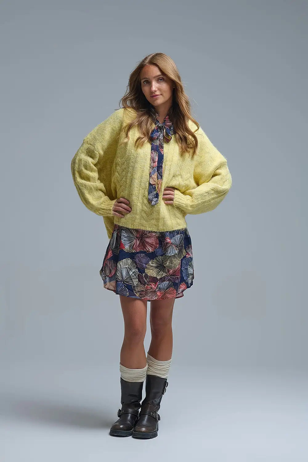 Pull à col ras du cou en maille fine câblée jaune - One Size / jaune - Pulls