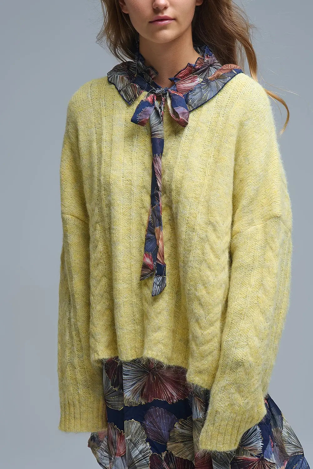 Pull à col ras du cou en maille fine câblée jaune - One Size / jaune - Pulls